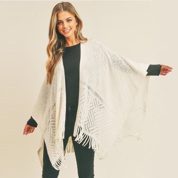 Herringbone Knit Fringe Ruana Poncho - Picture 1 of 2